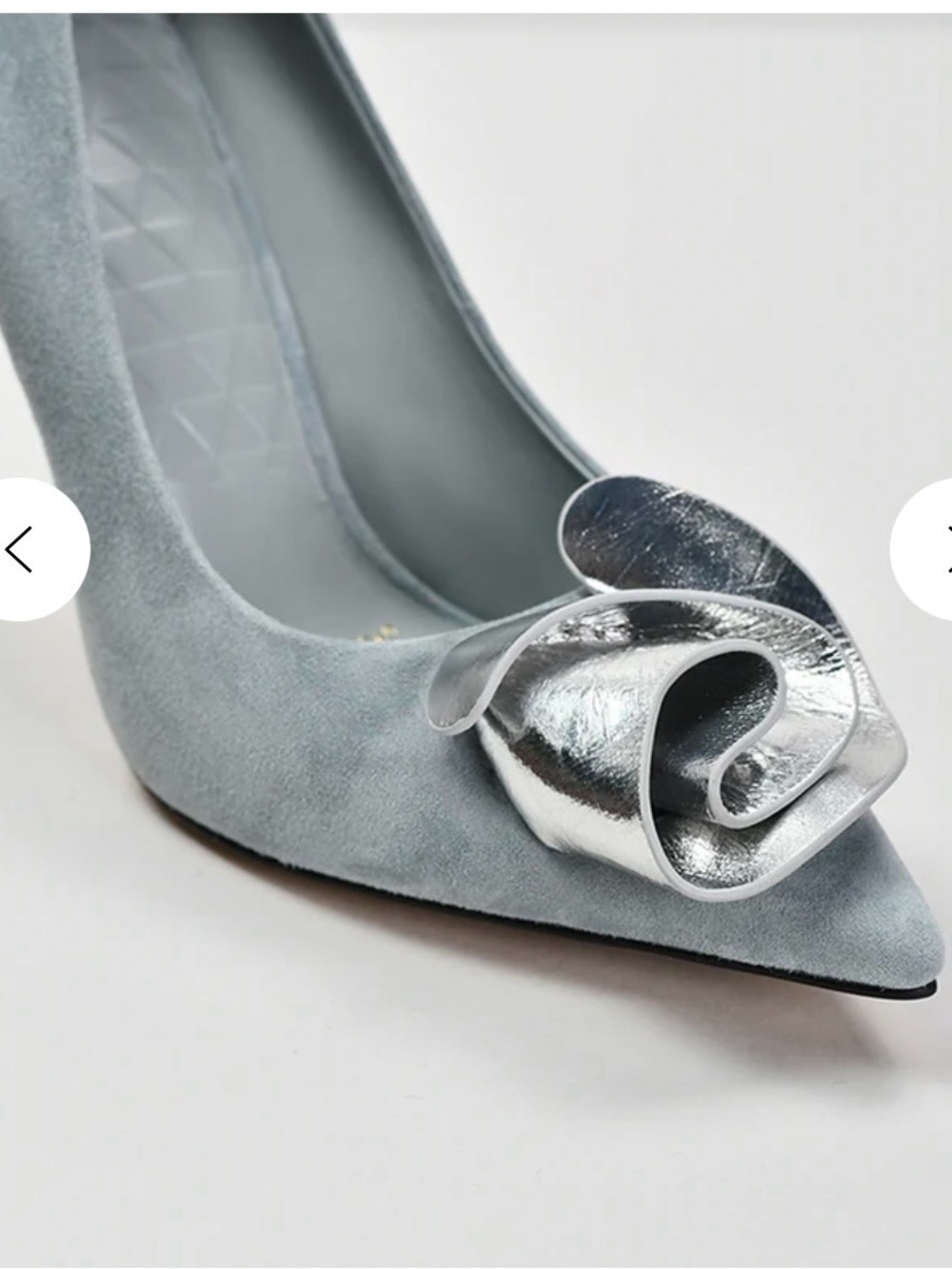 Elegant Dusty Blue Suede Pointed Toe Pump with Silver Rose Accent Size 37